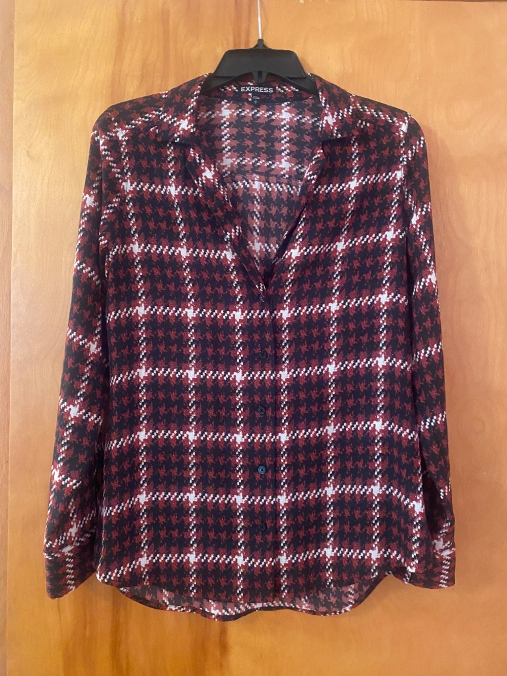 Express Maroon and Black Plaid Button-Down Shirt